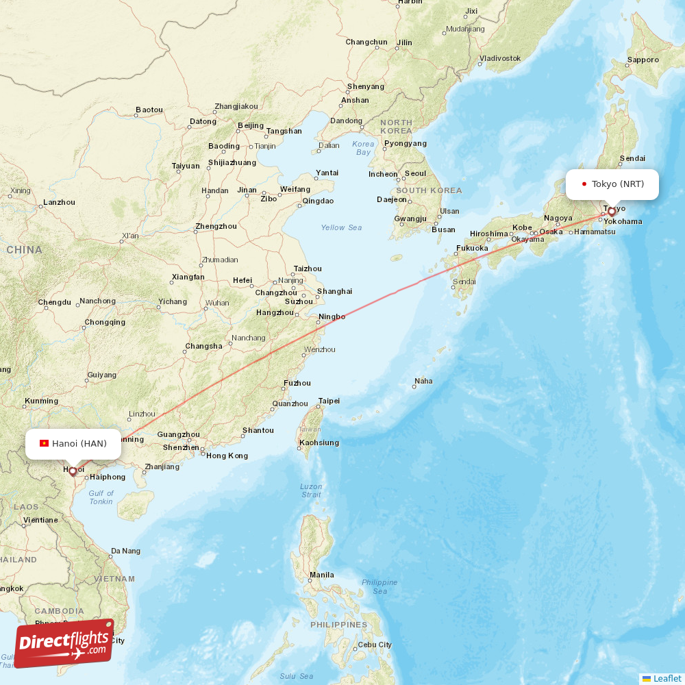 Hanoi - Tokyo direct flight map