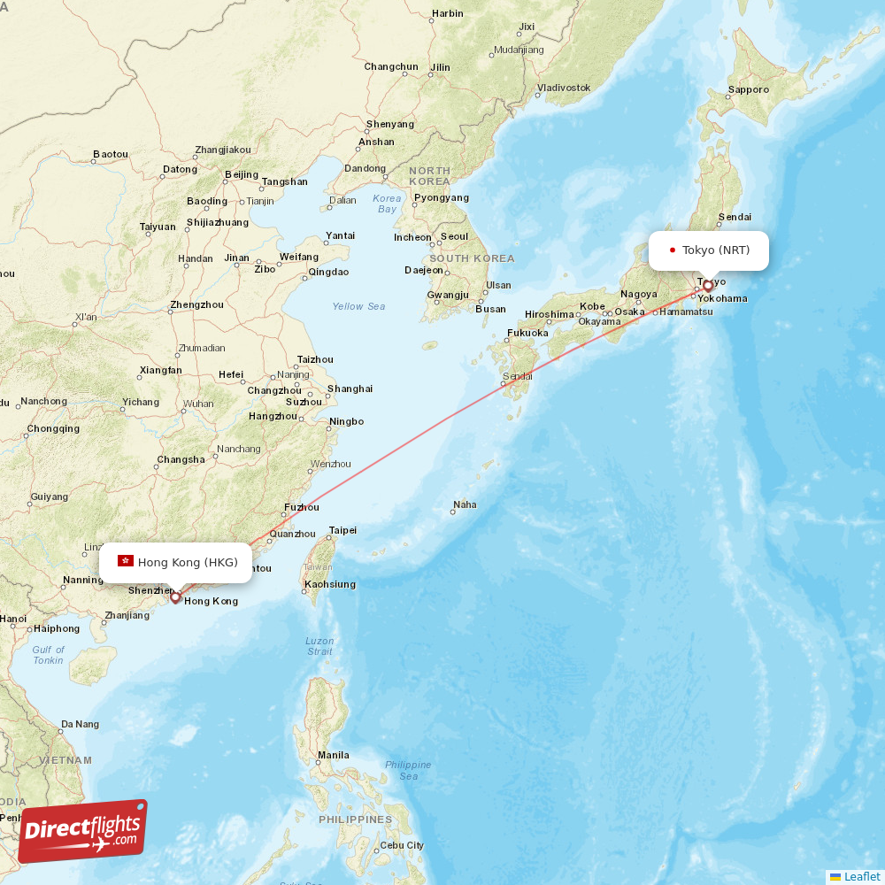Hong Kong - Tokyo direct flight map