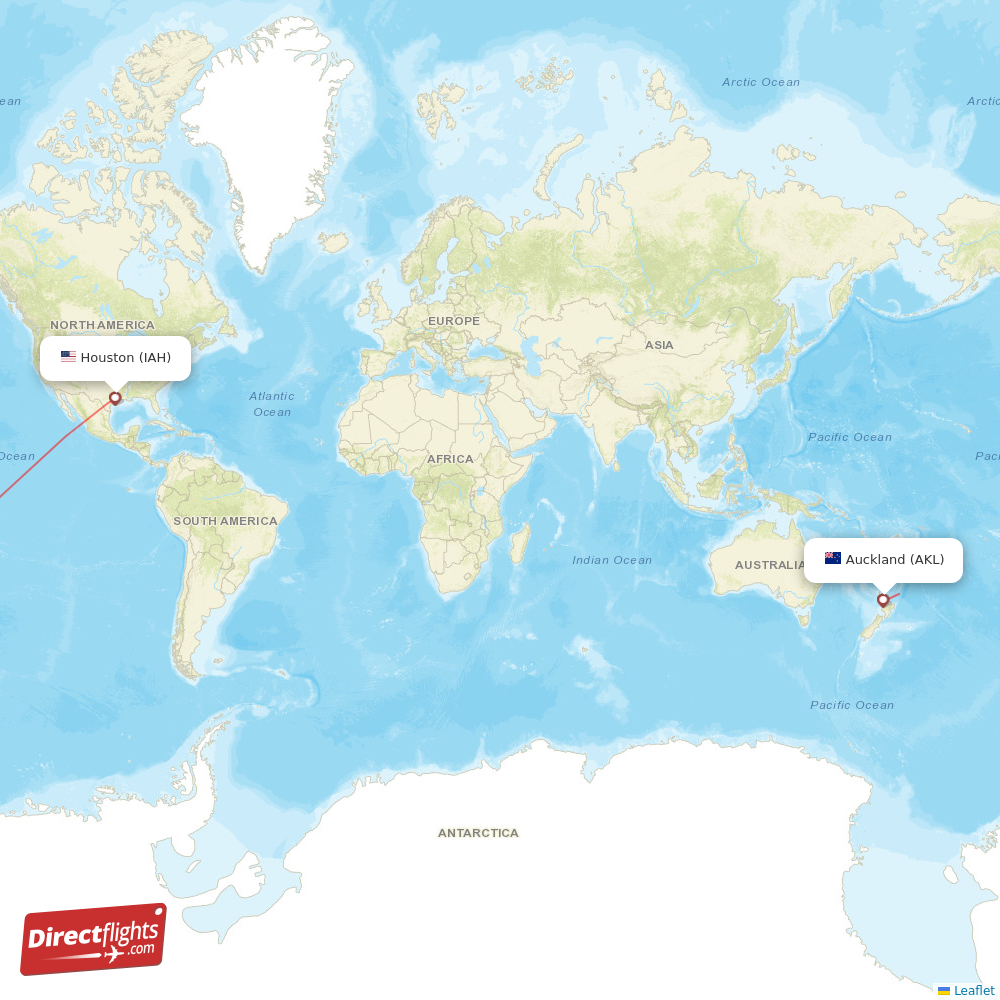 Houston - Auckland direct flight map