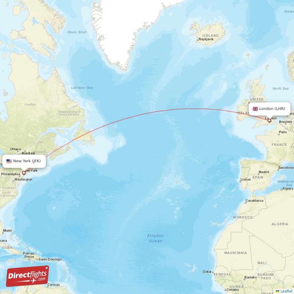New York - London direct flight map