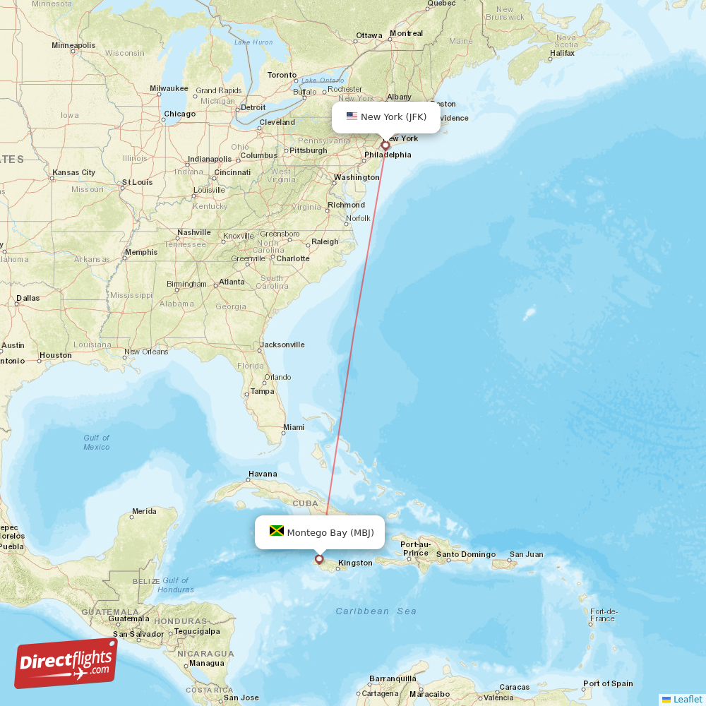 New York - Montego Bay direct flight map