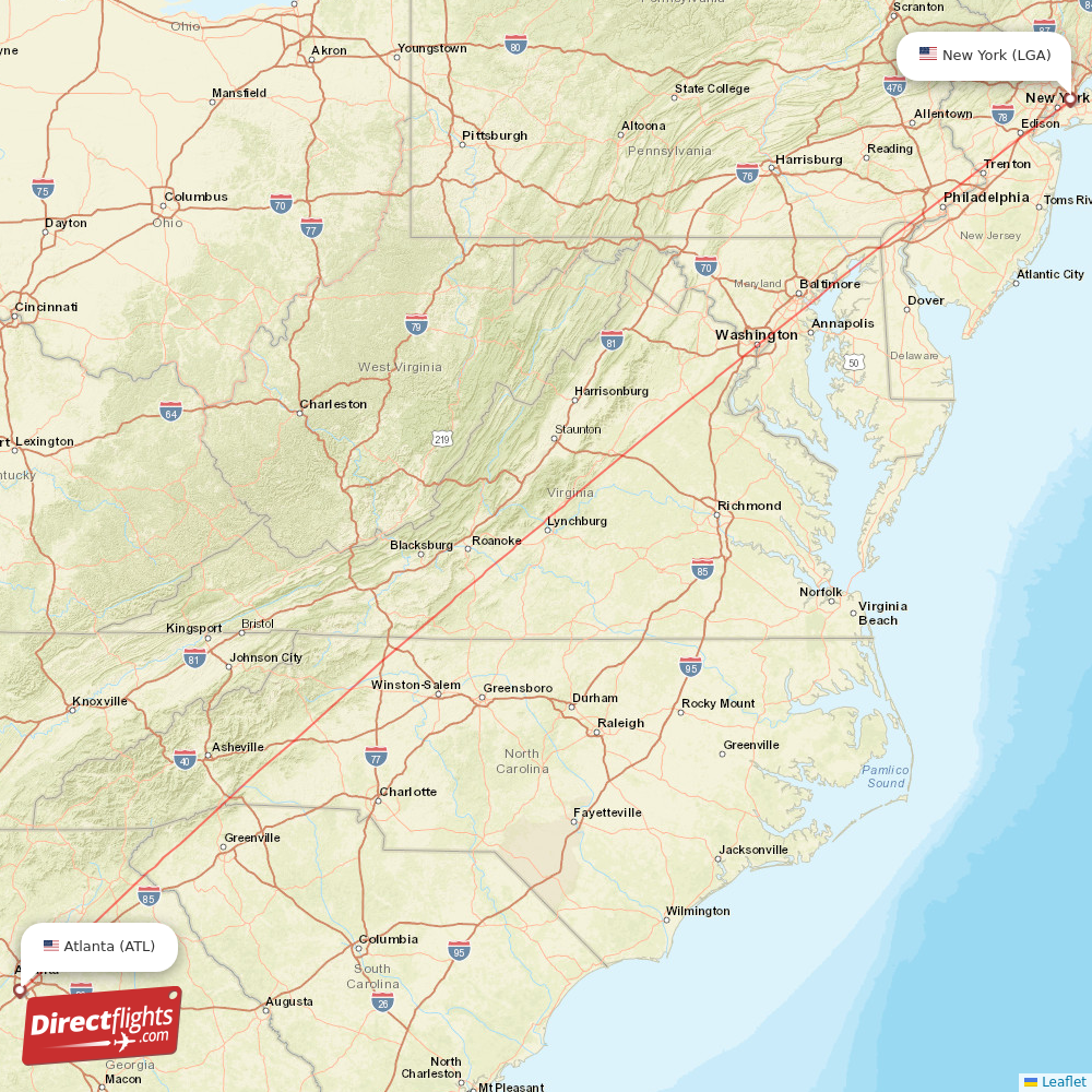 New York - Atlanta direct flight map