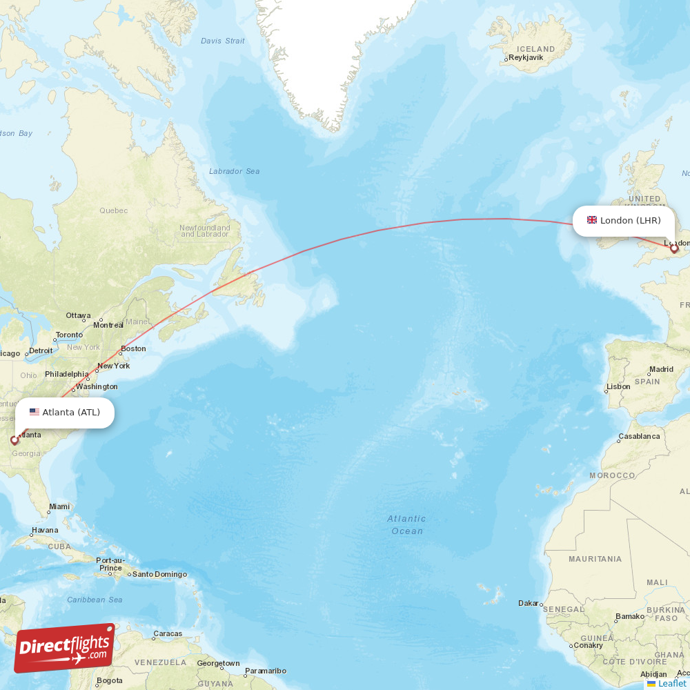 London - Atlanta direct flight map