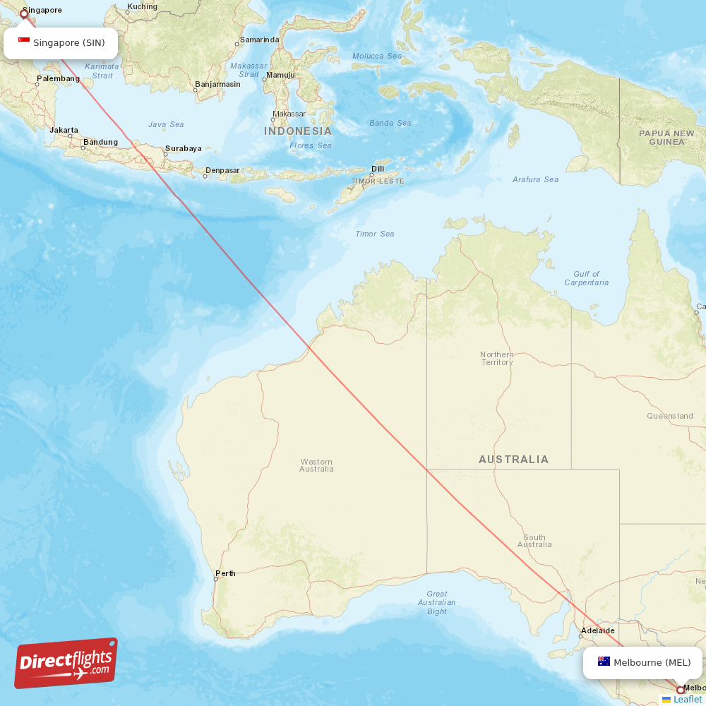 Singapore - Melbourne direct flight map
