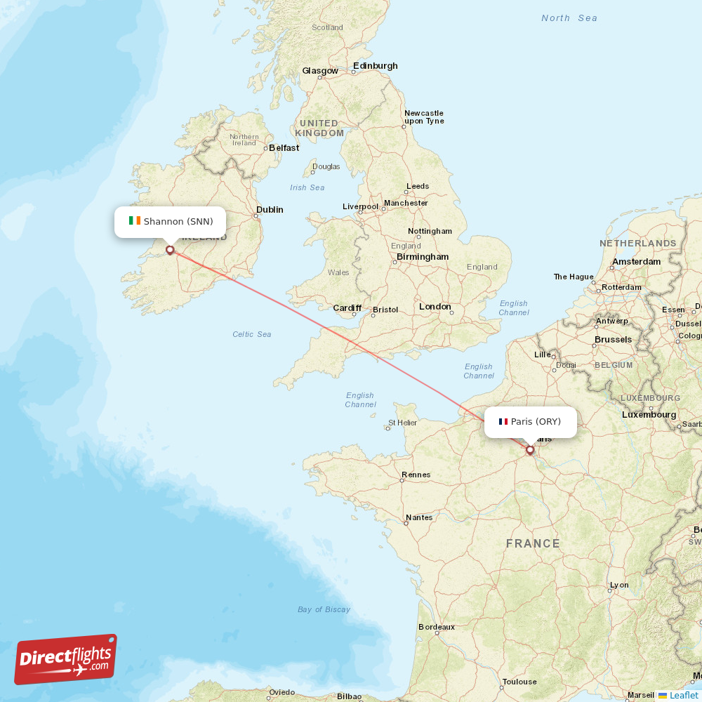 Paris - Shannon direct flight map