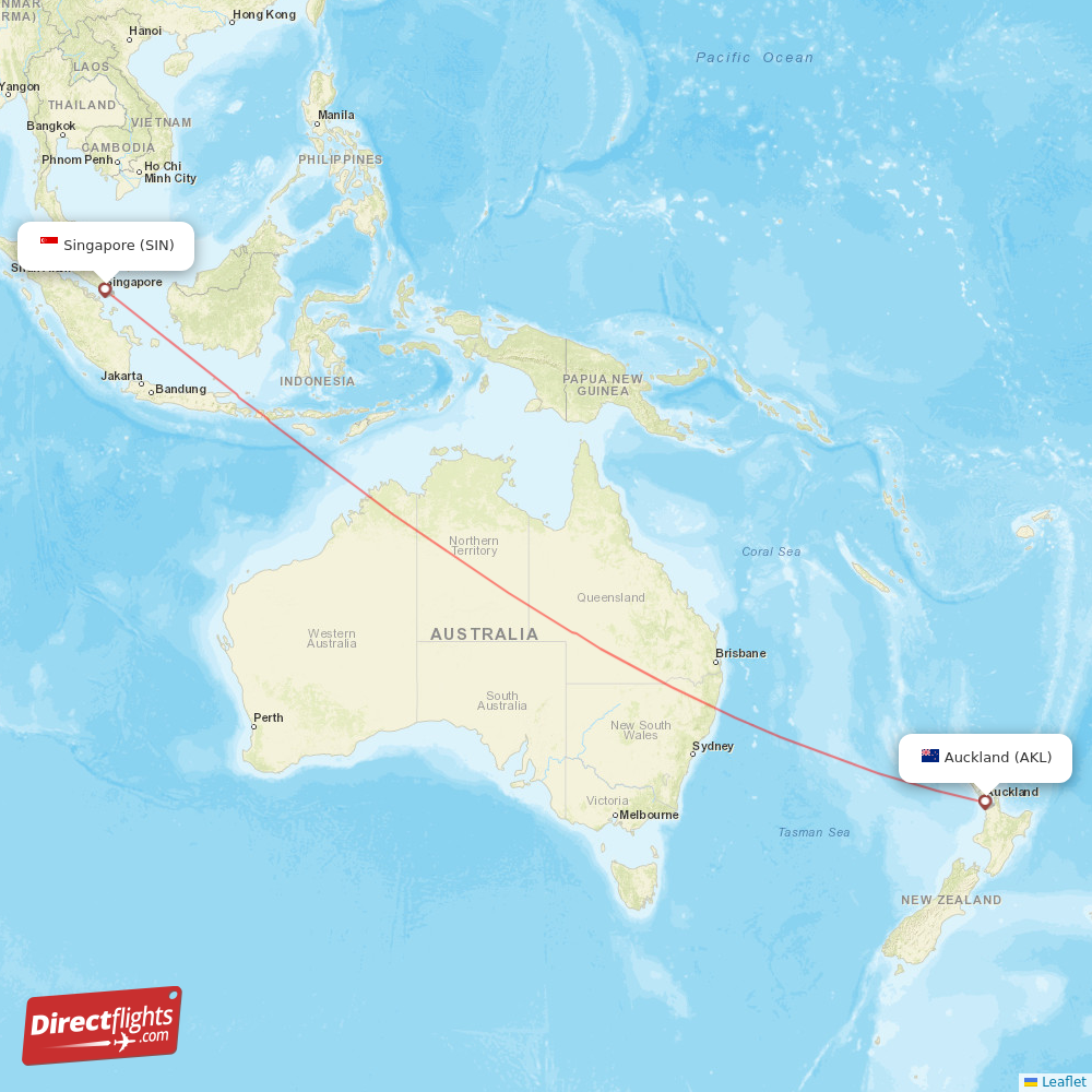 Singapore - Auckland direct flight map