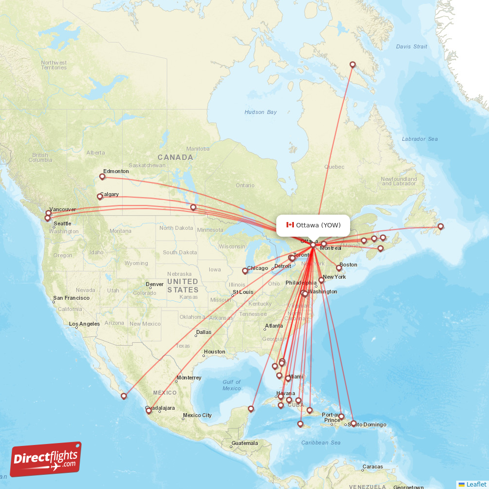 YOW routes and destination map