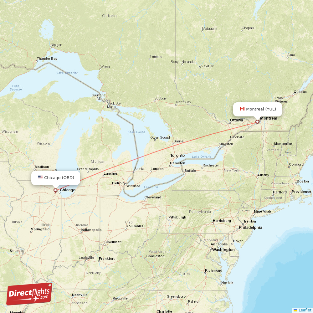 Montreal - Chicago direct flight map