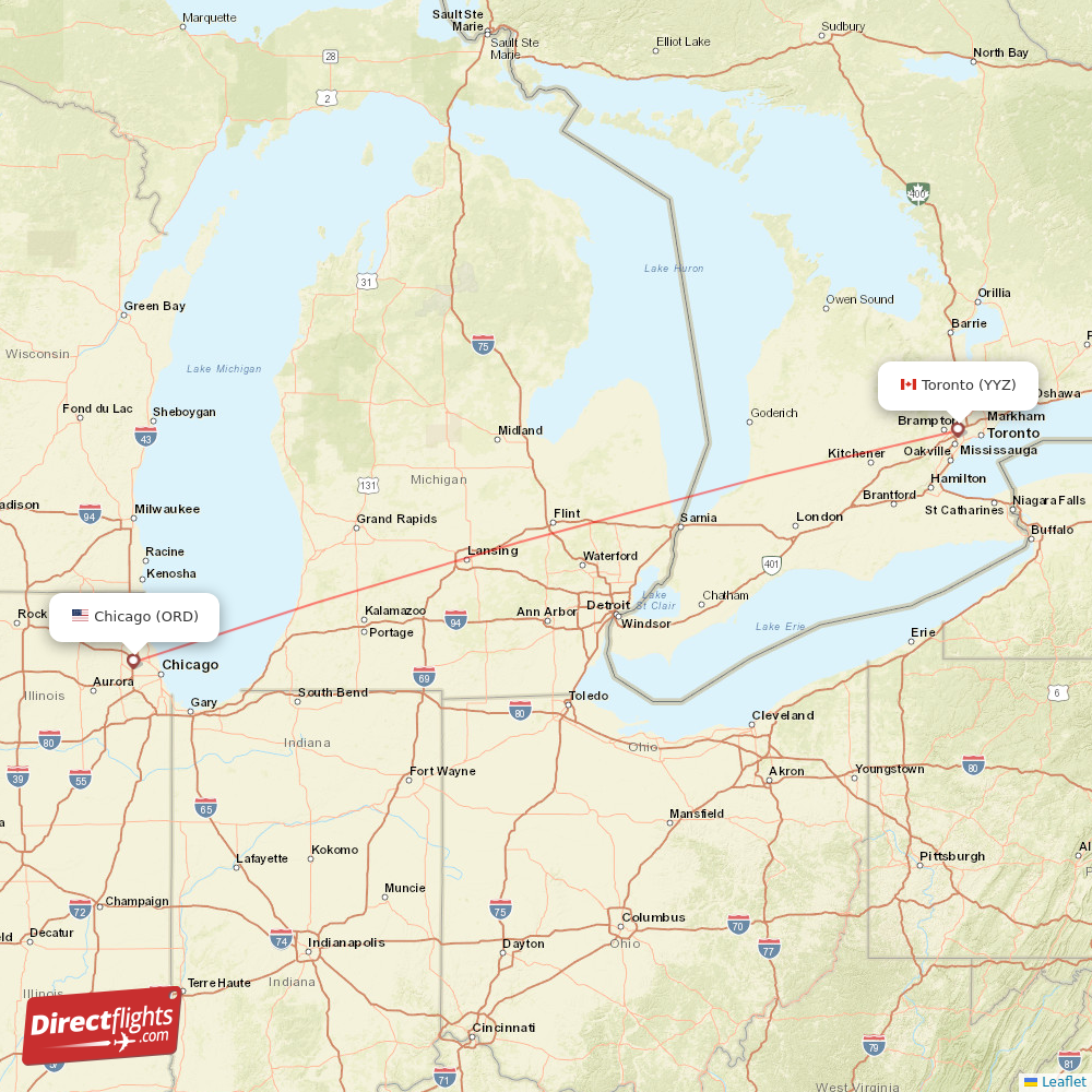 Toronto - Chicago direct flight map