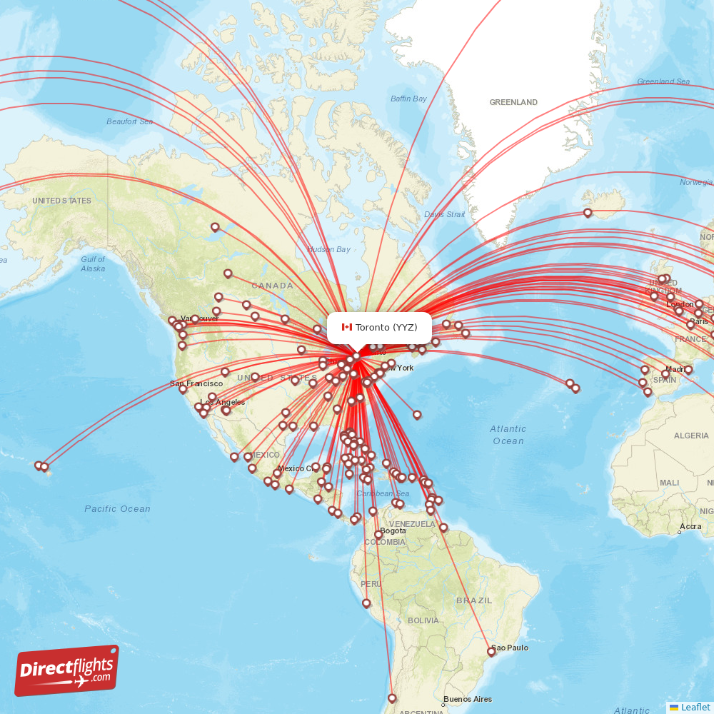 YYZ routes and destination map