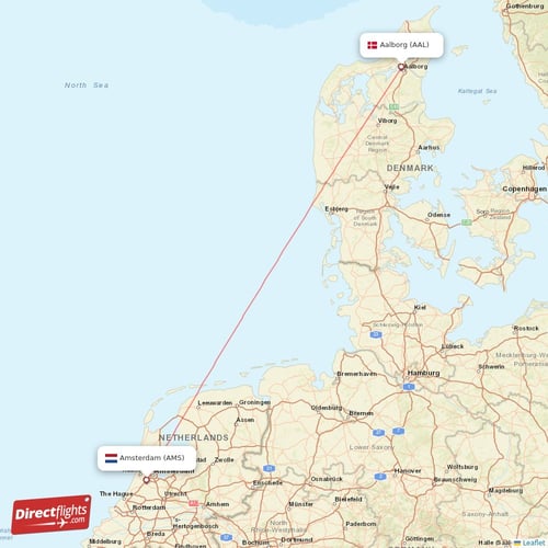Aalborg - Amsterdam direct flight map