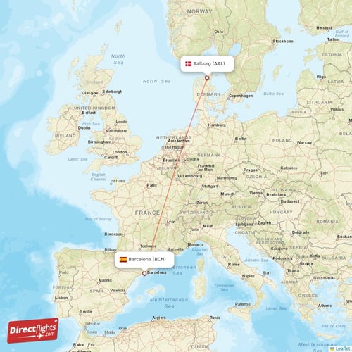 Aalborg - Barcelona direct flight map