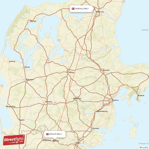 Aalborg - Billund direct flight map