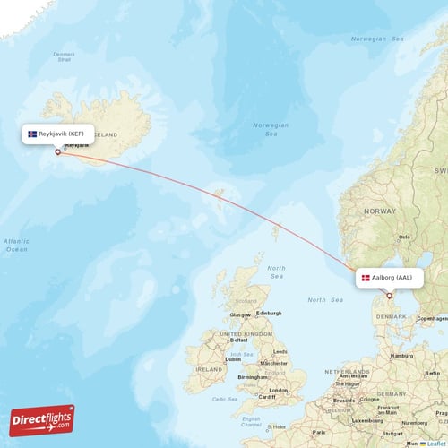 Aalborg - Reykjavik direct flight map