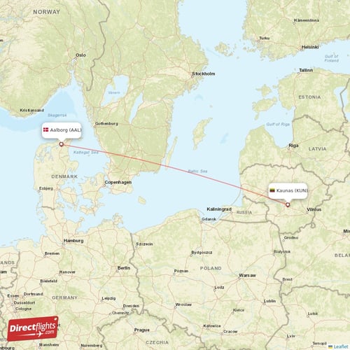 Aalborg - Kaunas direct flight map