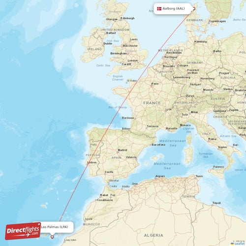 Aalborg - Las Palmas direct flight map