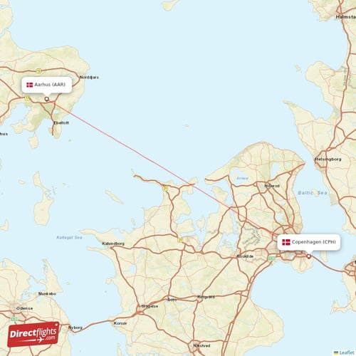 Aarhus - Copenhagen direct flight map