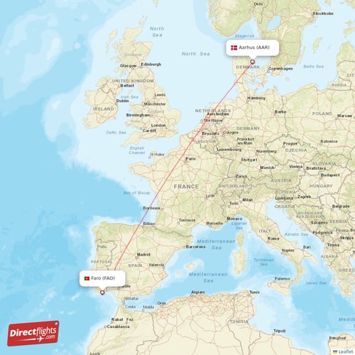 Aarhus - Faro direct flight map