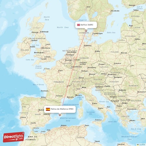 Aarhus - Palma de Mallorca direct flight map