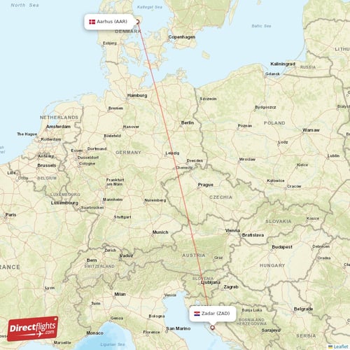 Aarhus - Zadar direct flight map