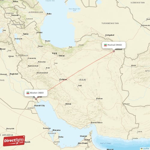 Abadan - Mashad direct flight map