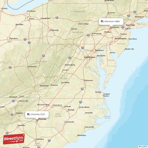 Allentown - Charlotte direct flight map