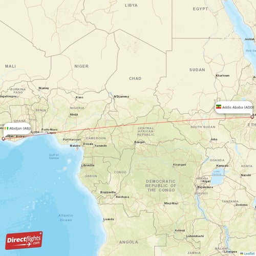 Abidjan - Addis Ababa direct flight map
