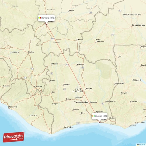 Abidjan - Bamako direct flight map