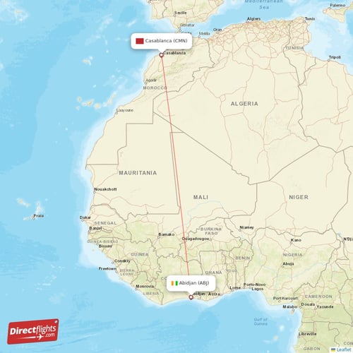 Abidjan - Casablanca direct flight map