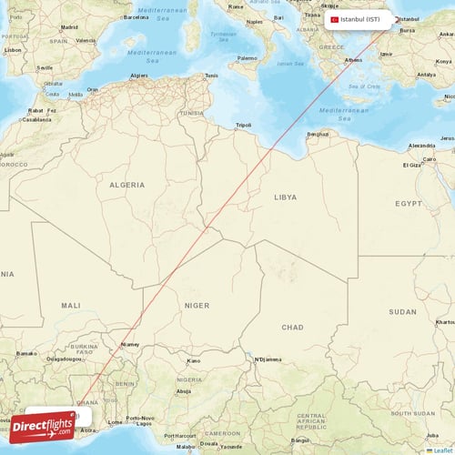 Abidjan - Istanbul direct flight map