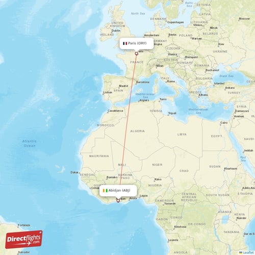 Abidjan - Paris direct flight map