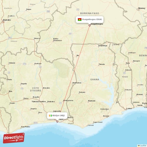 Abidjan - Ouagadougou direct flight map