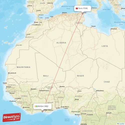 Abidjan - Tunis direct flight map