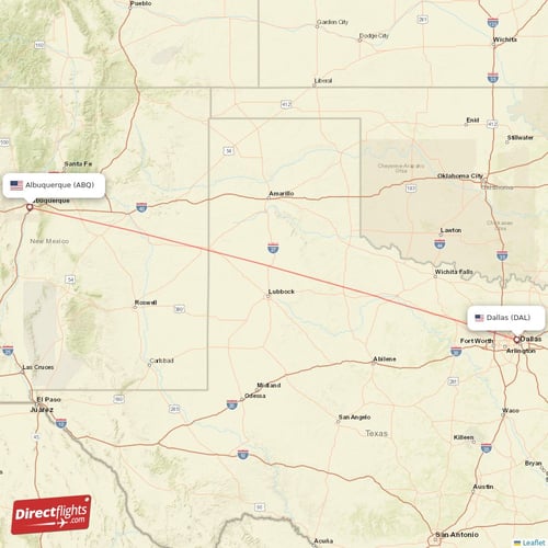 Albuquerque - Dallas direct flight map
