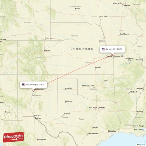 Albuquerque - Kansas City direct flight map