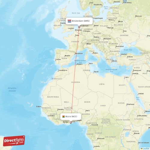 Accra - Amsterdam direct flight map