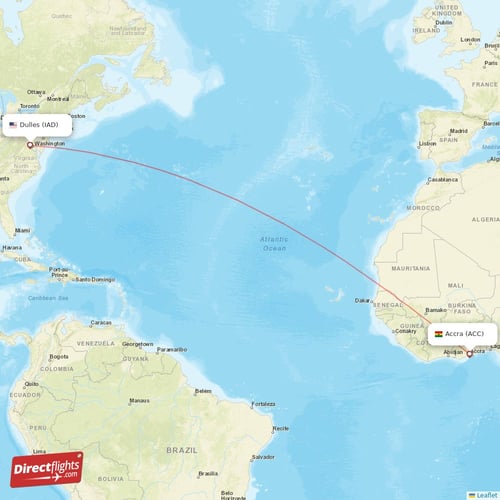 Accra - Dulles direct flight map