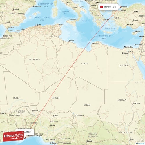 Accra - Istanbul direct flight map
