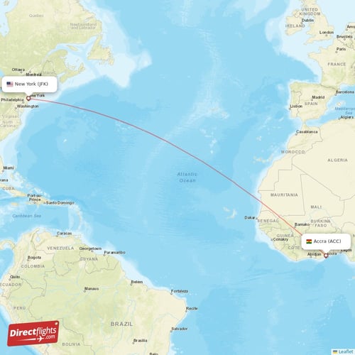 Accra - New York direct flight map