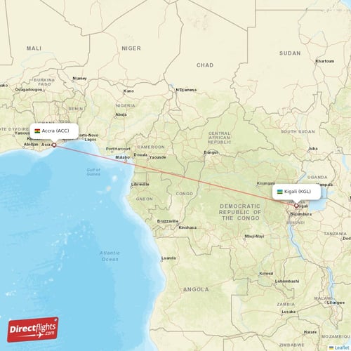 Accra - Kigali direct flight map
