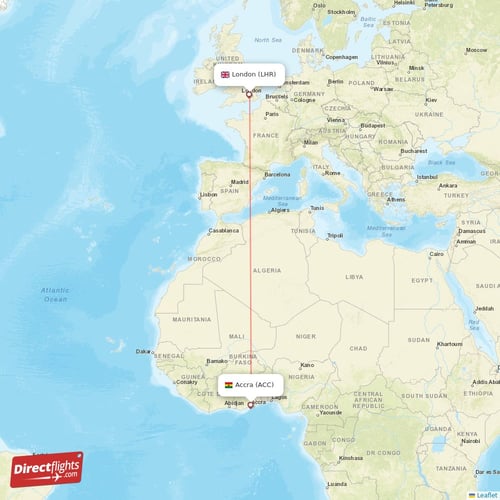 Accra - London direct flight map