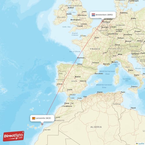 Lanzarote - Amsterdam direct flight map