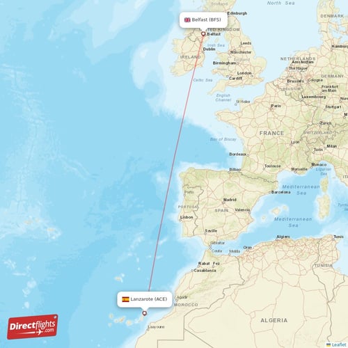 Lanzarote - Belfast direct flight map