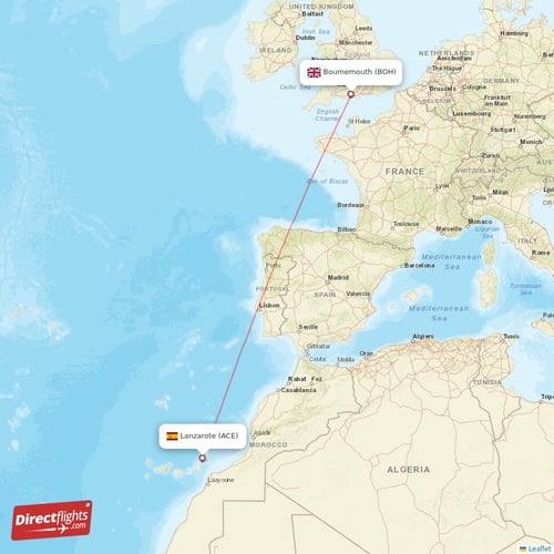 Lanzarote - Bournemouth direct flight map
