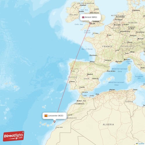 Lanzarote - Bristol direct flight map