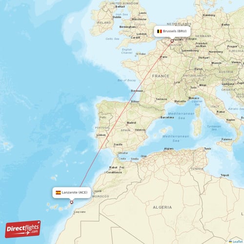 Lanzarote - Brussels direct flight map