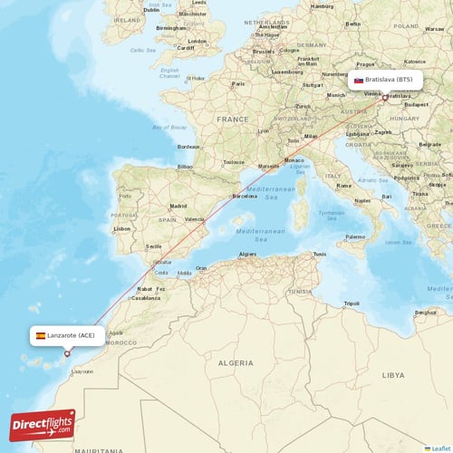 Lanzarote - Bratislava direct flight map