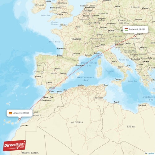Lanzarote - Budapest direct flight map