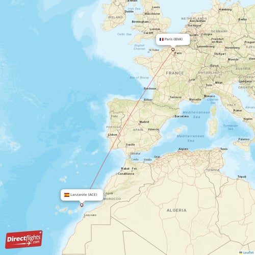 Lanzarote - Paris direct flight map
