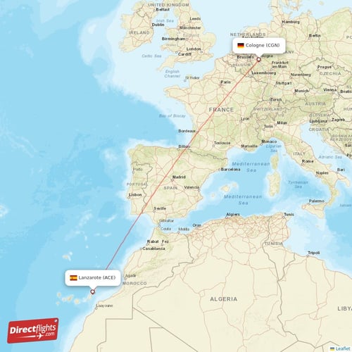 Lanzarote - Cologne direct flight map